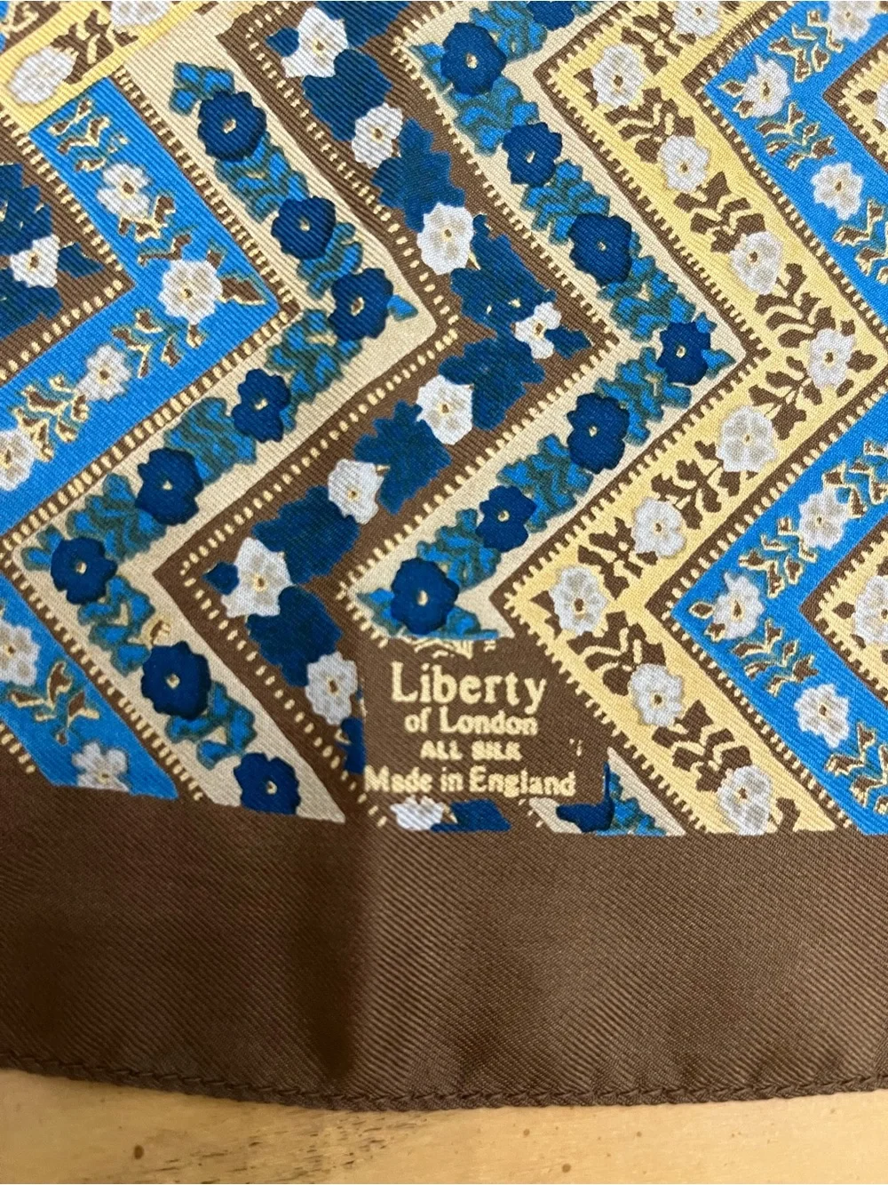 Vintage Liberty of London Blue, Brown and Cream Floral, Geometric Silk Scarf - Picture 3 of 5